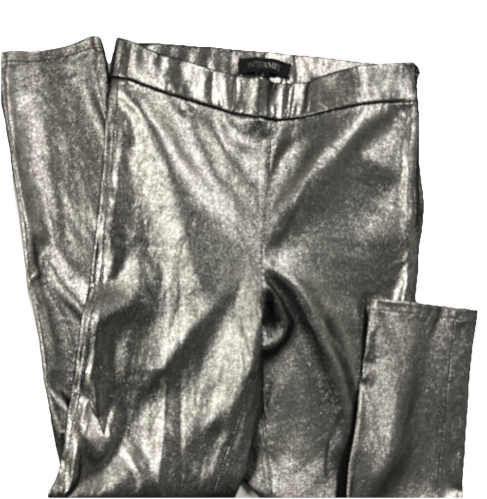 Intermix Womens Metallic Leather Flat Front Side Zip Skinny Pants Silver Size 4